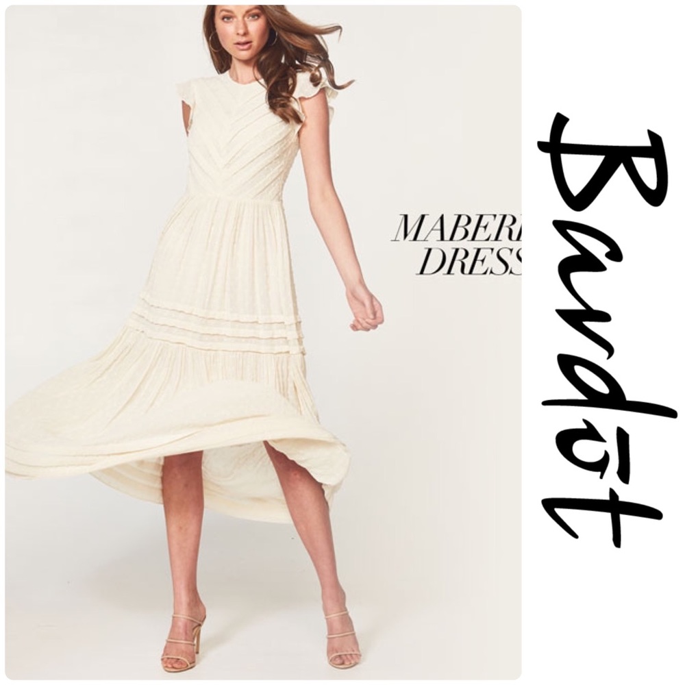 Bardot Cream Pleated Tiered Maxi Dress with Flutter Sleeves